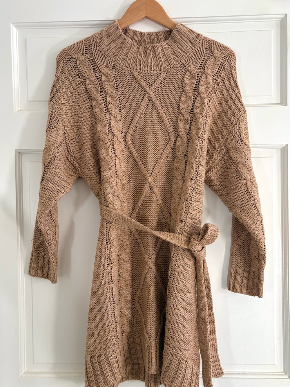 Amadi Cable-Knit Belted Sweater Dress - Camel Tan, Anthropologie Size Small